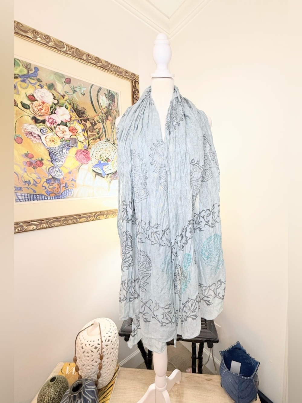 Blue Gray Floral Scarf Wrap Lightweight Oversized Shawl 90x36 Boho
